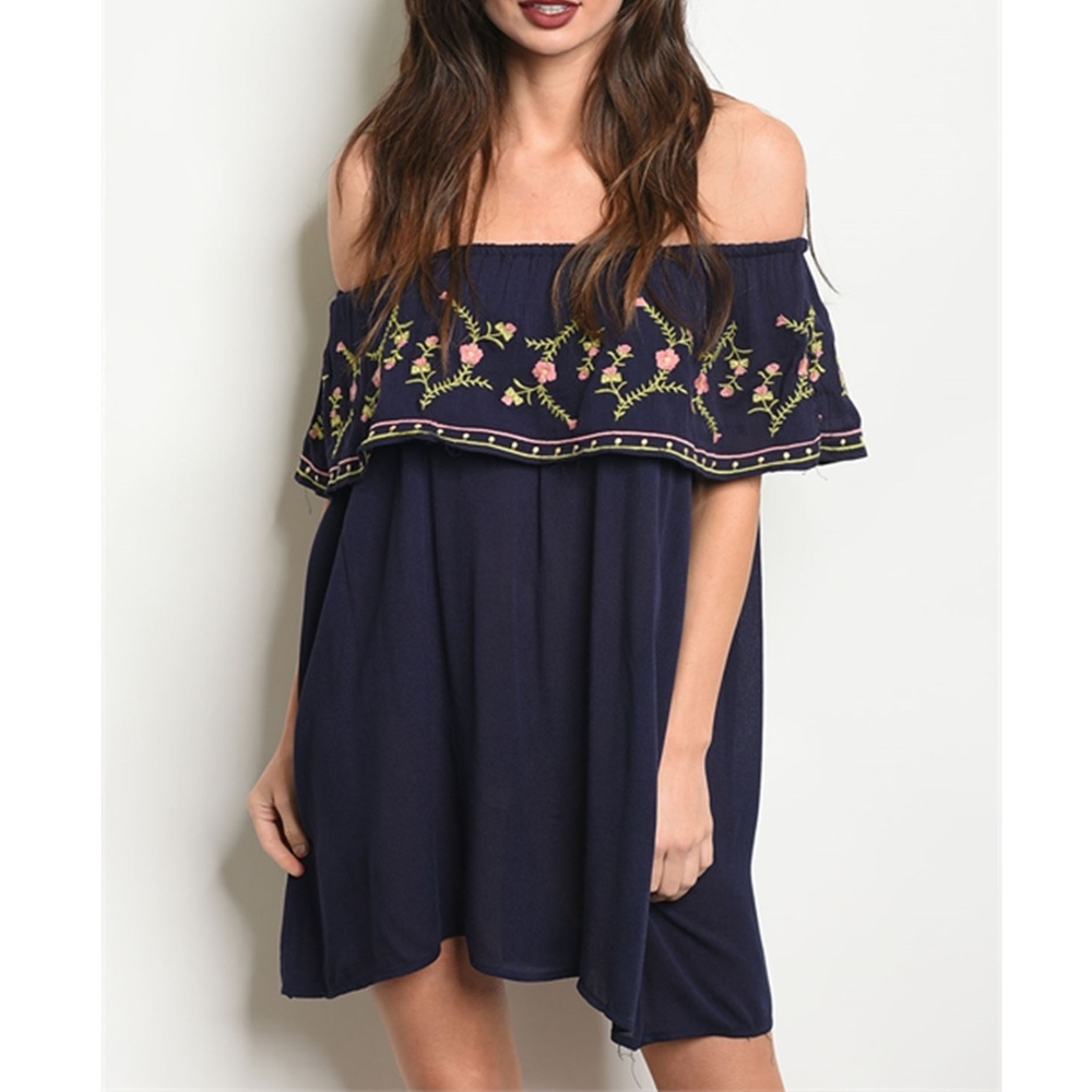 Navy Ruffled Off Shoulder Embroidery Tunic Dress